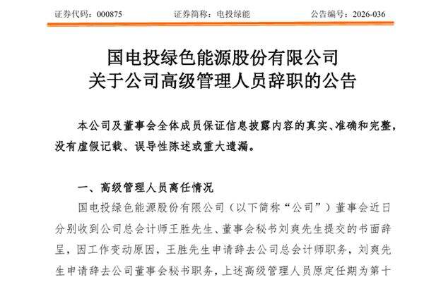 電投綠能董事會秘書辭職，專項負責綠色氫基能源開發(fā)相關工作